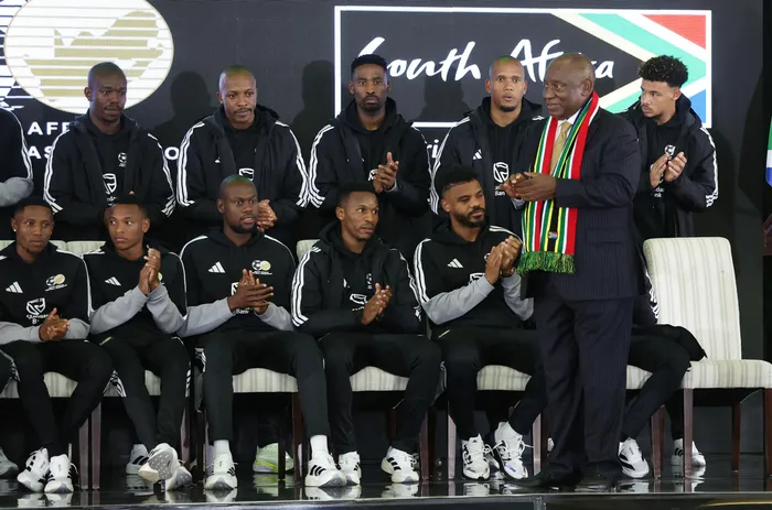 President Cyril Ramaphosa interacts with the Bafana Bafana squad that will do duty at the Fifa World next month. Coach Hugo  named the 26-man group of players at a ceremony held at the union Buildings in Pretoria. 