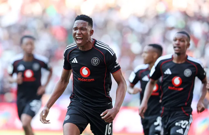 Thalente Mbatha of Orlando Pirates celebrates with teammates one of their goals as they beat Orbit Colege 2-0 at Mbombela Stadium to lift the Betway Premiership title on Saturday. 