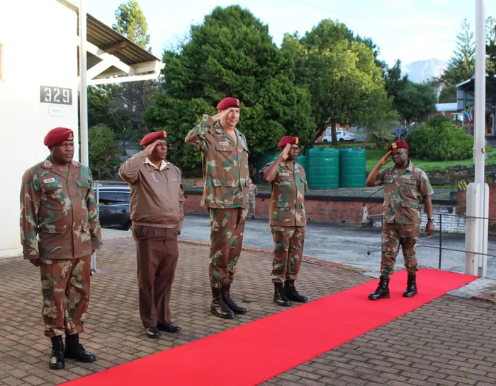 Military healthcare personnel attend a medal parade hosted by Surgeon General Lieutenant-General Ntshavheni Peter Maphaha in Wynberg, Cape Town, on May 22, 2026, as part of a week-long oversight visit to health facilities in the Western Cape.