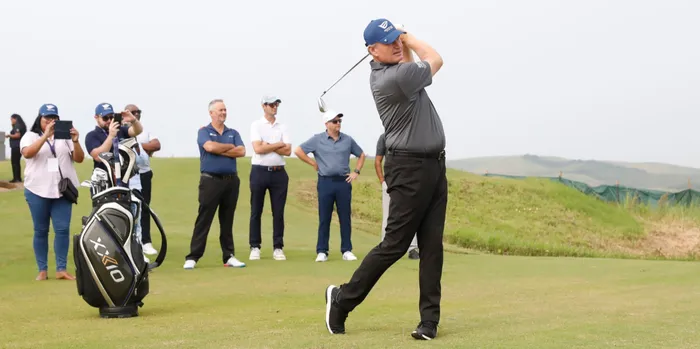Pro golfer Ernie Els, who has a professional career of 76 international PGA victories, plays a shot at Zimbali Lakes Resort where his signature golf course is being developed. 