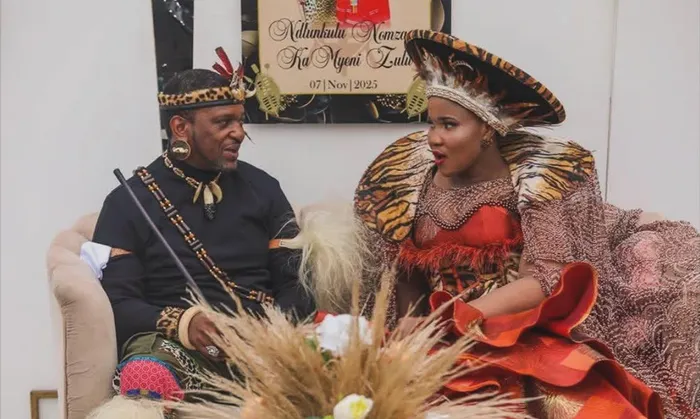 King Misuzulu KaZwelithini and his wife, Queen Nomzamo Myeni, on their wedding day. 