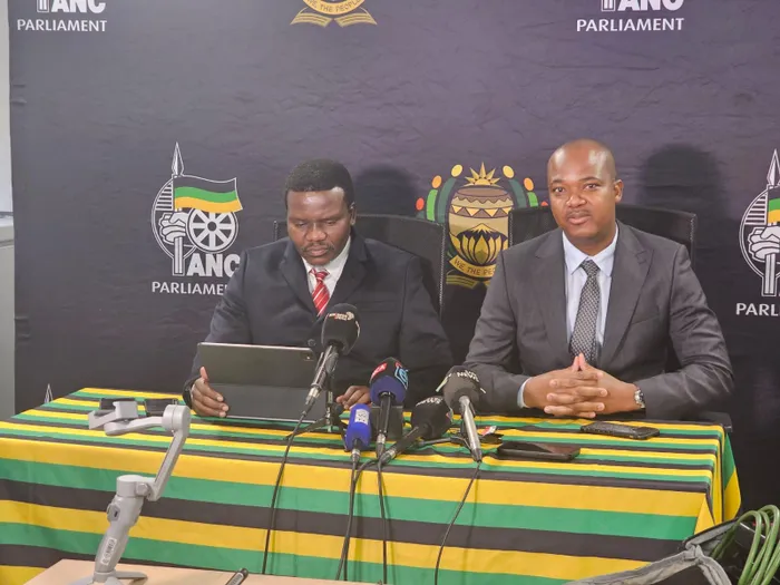 ANC Chief Whip in Parliament, Mdumiseni Ntuli (left) and ANC NEC Member, Donald Selamolela (right), addressed the media on matters relating to the Impeachment Committee, and several other matters.