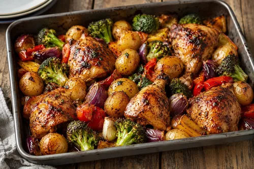 One-pan chicken recipe with vegetables and potatoes for an easy Women’s Day lunch