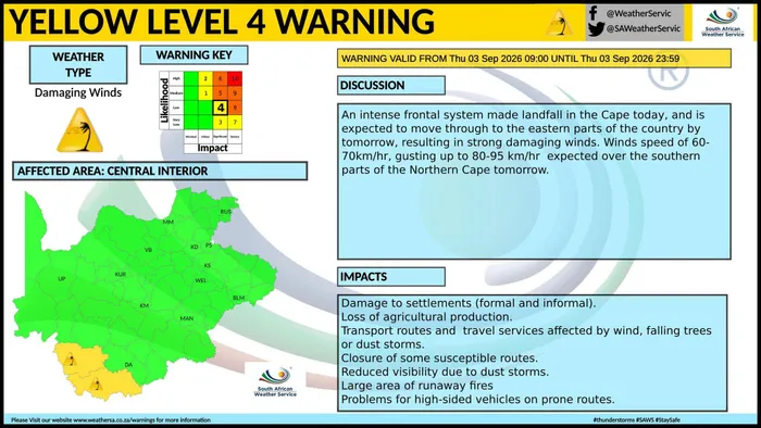 Level 4 warning issued for damaging winds in Northern Cape