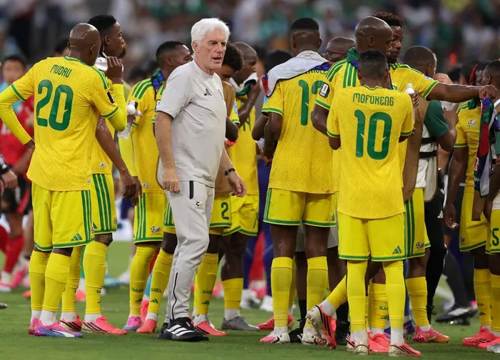 South Africa's Belgian head coach Hugo Broos talks to his players during a hydration break of the 2026 World Cup Group A football match between South Africa and South Korea at the Monterrey Stadium in Guadalupe, Mexico, on June 24, 2026. Picture: Julio Cesar AGUILAR / AFP