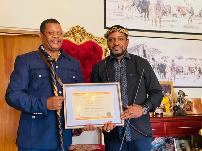 Former Zulu royal family and monarch spokesperson Prince Thulani kaGqikazi Zulu with King Misuzulu kaZwelithini. The monarch has removed Prince Thulani from both spokesperson roles following a fallout over royal protocol linked to his meeting with President Cyril Ramaphosa.