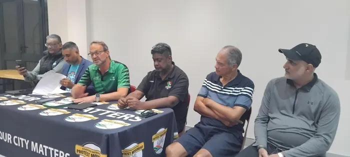 The eThekwini Ratepayers Protest Movement (ERPM) held a meeting in Overport on Tuesday. From left: Jay Singh, of the United Independent Movement (UIM) in eThekwini, Councillor Jameel Essop, representing the African Christian Democratic Party (ACDP) in eThekwini; Saul Basckin, ActionSA councillor in eThekwini;  Asad Gaffar, ERPM chairperson; Carl Lortan, the chairperson of Sydenham Ratepayers; and Abdool Valodia, chairperson of Overport Ratepayers. 