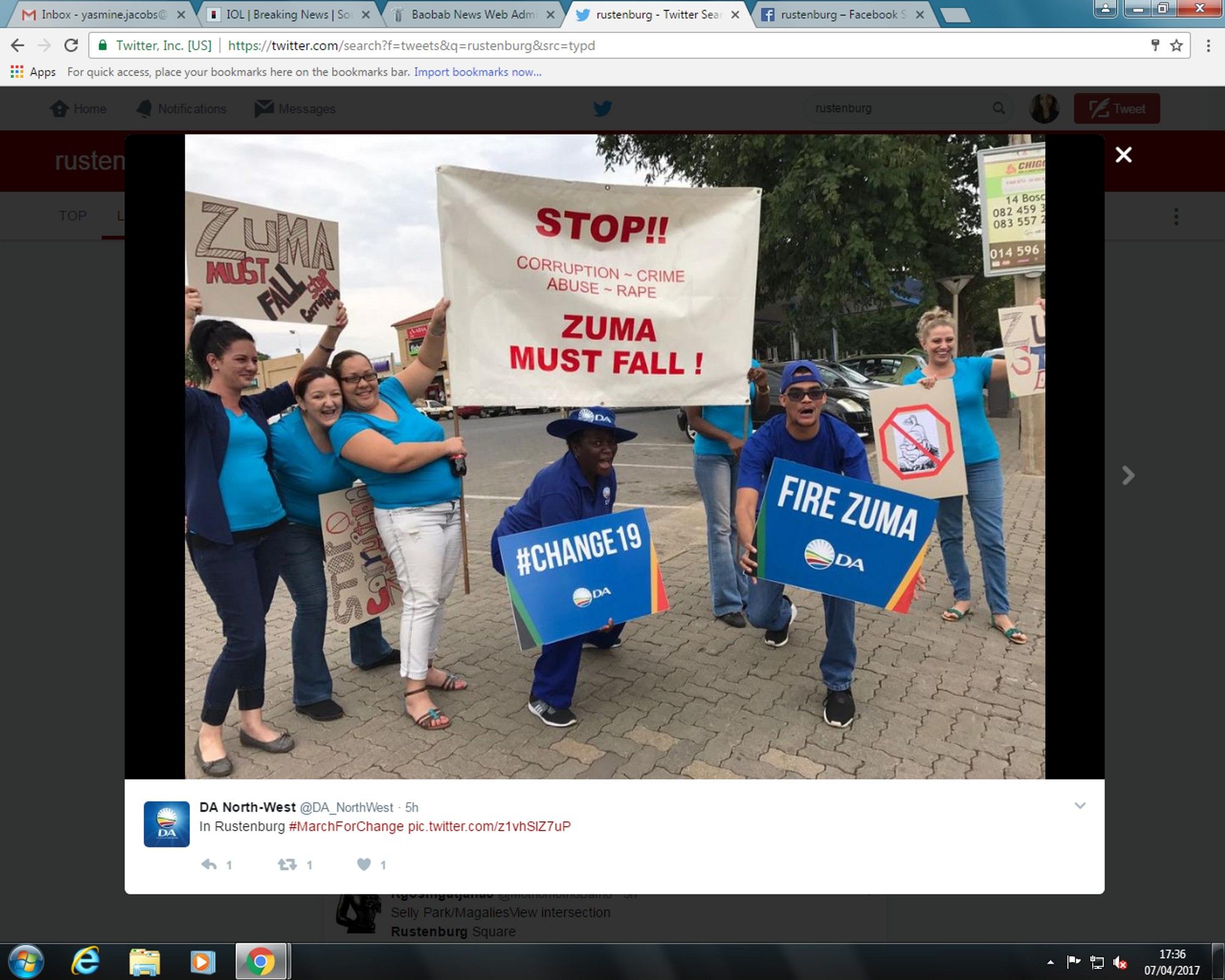 #AntiZumaMarches: DA protest calls for Zuma's head in Rustenburg