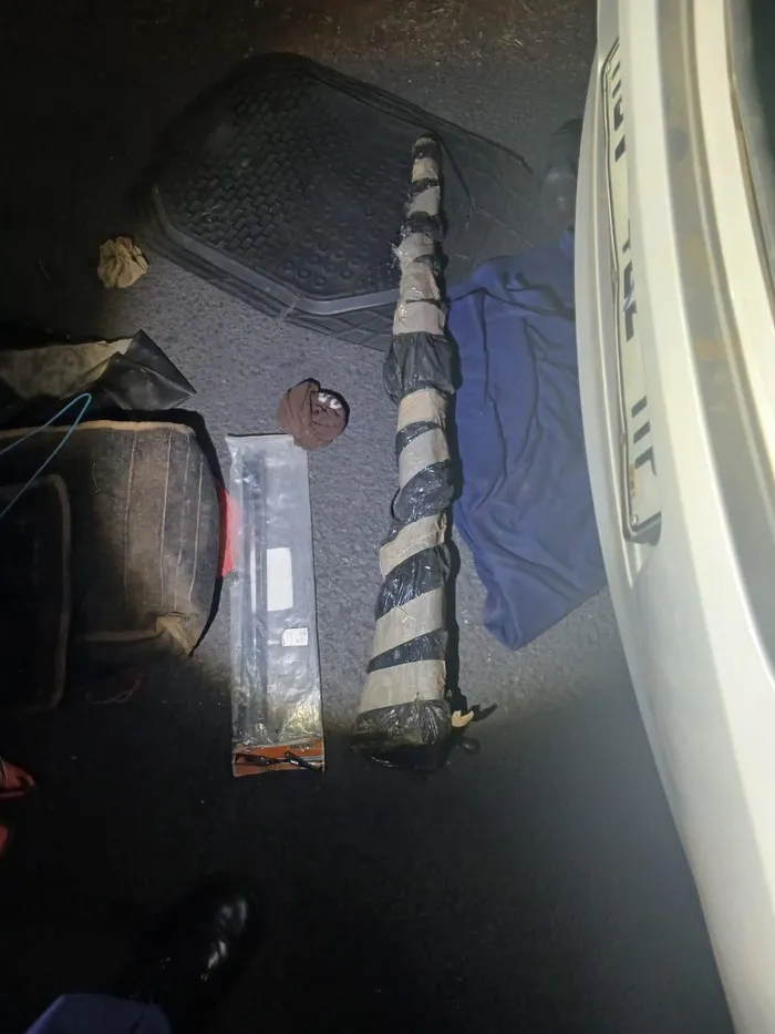 Mpumalanga police have arrested two suspects after allegedly finding two rhino horns, hunting rifles and ammunition during a vehicle search on the N12 between Ogies and Kendal.