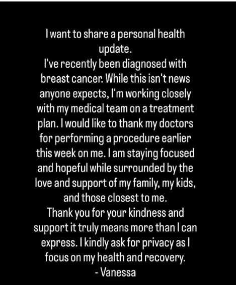 A screengrab of Vanessa Trump's medical announcement. 
