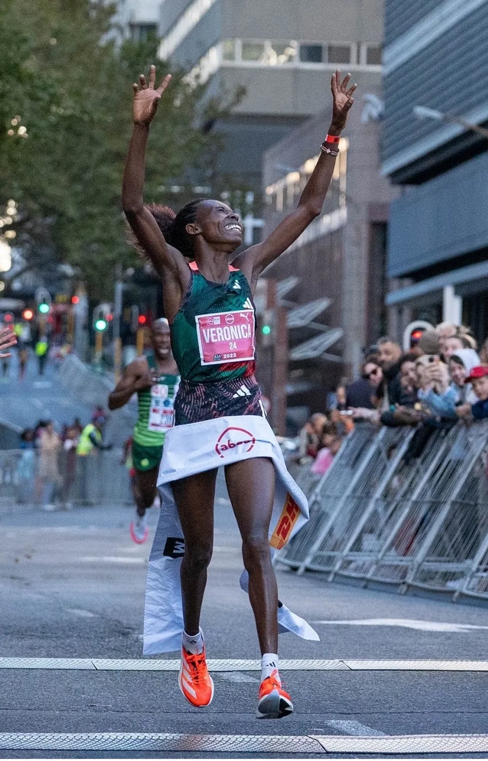 Veronica Loleo crosses the finish line first in the women’s race at the Run Your City Cape Town 10K on Sunday.