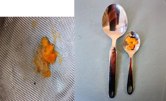 A picture of fruit pieces on a teaspoon.