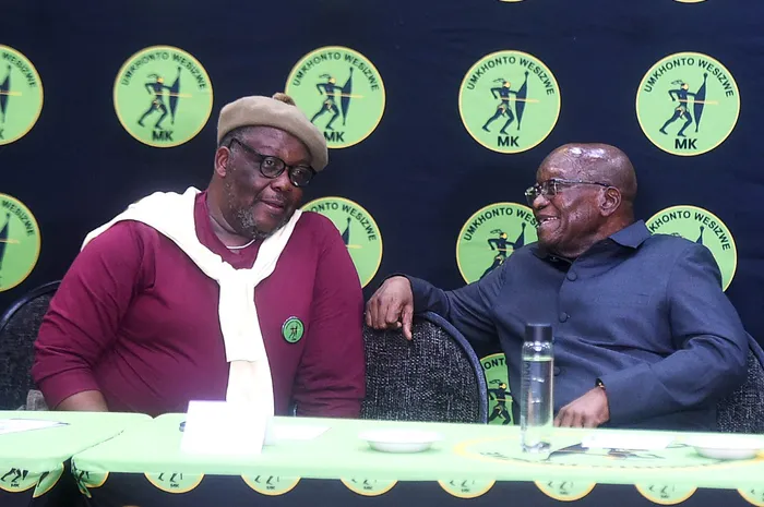 National Chairperson of uMkhonto weSizwe Party, Nathi Nhleko and party president Jacob Zuma, at the media briefing at CedarWoods Conference Centre on Thursday. 