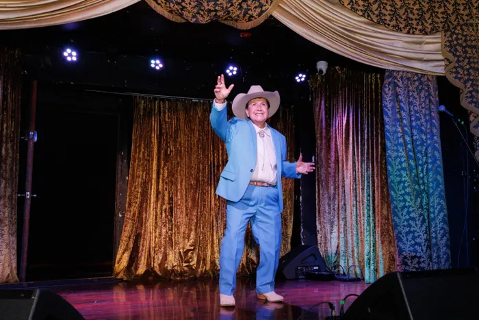 Elsie Saldaña, 81, performs as the drag king El Daña, in Los Angeles.
