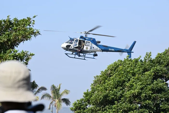 The SAPS helicopter at thesending off parade in Durban on Sunday, of law enforcement members that will be deployed during and beyond the planned protests.