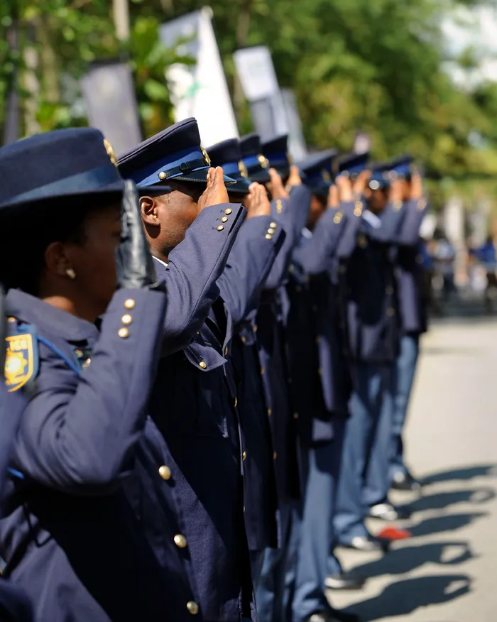 190210. Salutes by SAPS members before the opening of the Mpumalanga Provincial