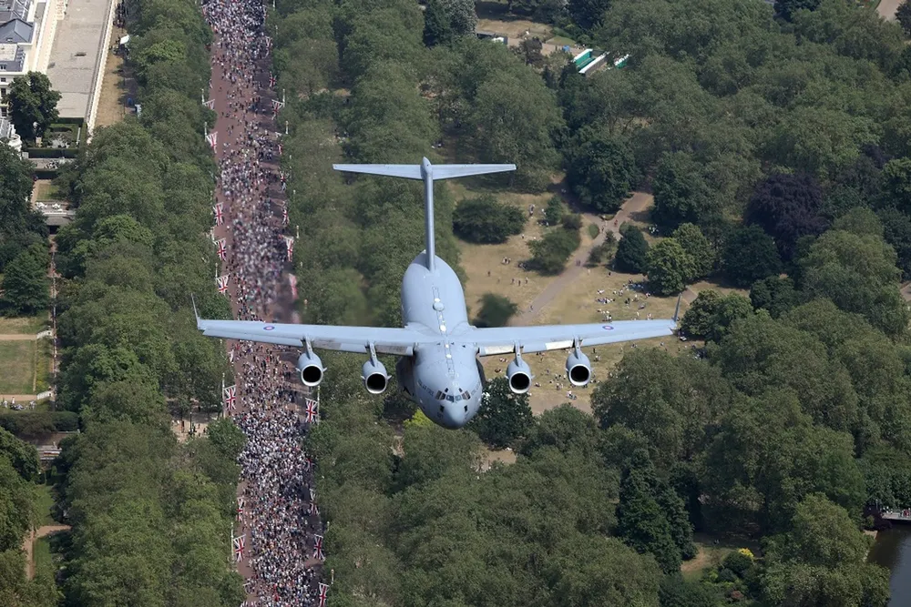 A tri-service flypast of military aircraft takes place over The Mall on the day of Trooping the Colour parade to honour King Charles's official birthday, in London, Britain, June 17, 2023.  Picture: Cpl Will Drummee/UK MoD/Handout via REUTERS 