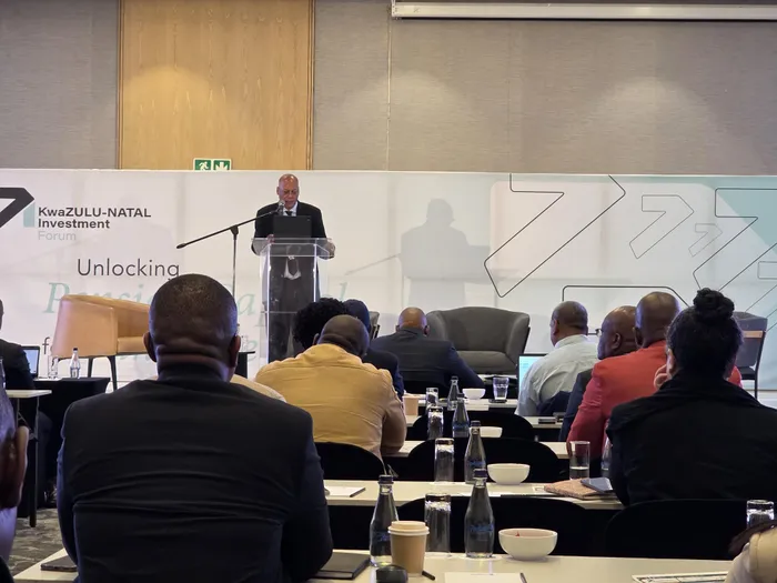 Presidential eThekwini Working Group (PeWG) co-chair Mike Mabuyakhulu speaking at the KwaZulu-Natal Investment Forum in Umhlanga, Durban, on Thursday.