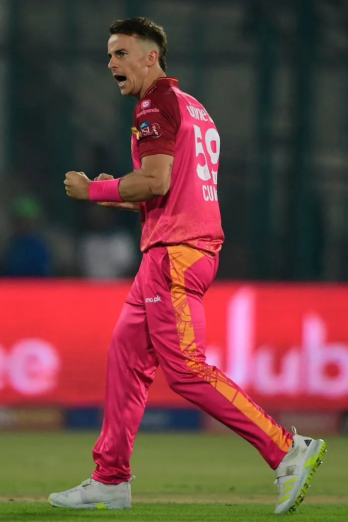 Islamabad United's Tom Curran celebrates after taking the wicket of Karachi Kings' Sharjeel Khan (not pictured) during the Pakistan Super League (PSL) Twenty20 cricket match between Karachi Kings and Islamabad United at the National Stadium in Karachi