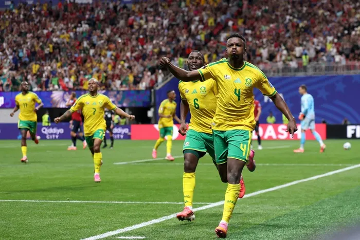 South Africa's #4, Teboho Mokoena, celebrates after scoring a penalty for his team's first goal during the FIFA World Cup 2026 Group A match between Czechia and South Africa at Atlanta Stadium on June 18, 2026 in Atlanta, Georgia. 