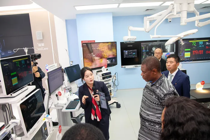 Deputy President Paul Mashatile and a delegation of South Africa's government and business representatives are taken through a guided tour of the Mindray Bio-Medical Electronics company, demonstrating a wide-range of cutting edge technology and AI deployed in the primary health services by the company, ahead of the bilateral engagement with the senior leadership of Mindray Bio-Medical Electronics, led by its President Hao Wu on their premises in Shenzhen, Nanshan District in China.