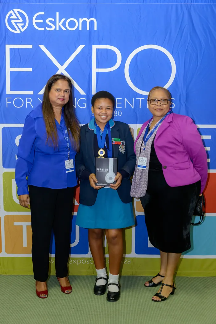 From left to right - Acting General Manager Eskom Central East Cluster Ms Jailuxmi Govender, Sinethemba Maphumulo (Special awards Best Female)and KZN Eskom HR Practioner, Zanele Cele. Maphumulo attends Durban Girls Secondary School with the project titled Crobbage in the Plant Science category. Picture: Supplied