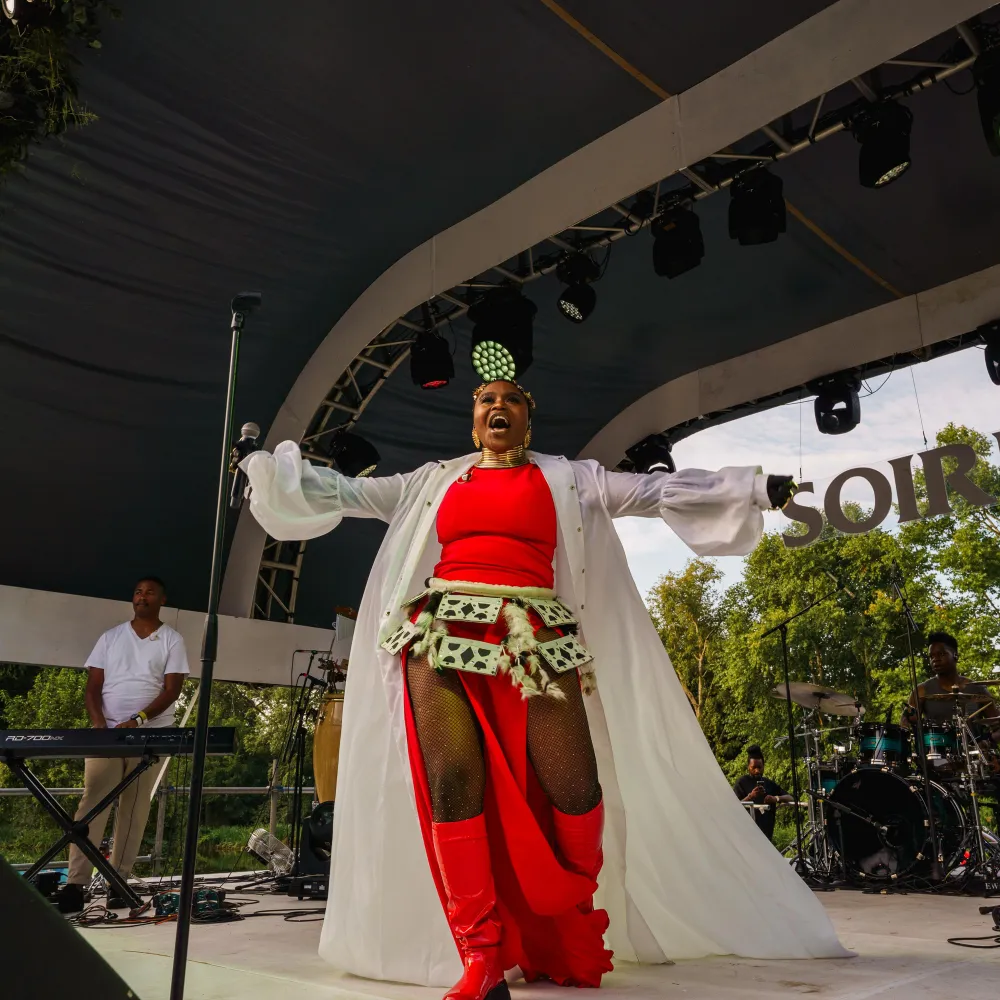 A female musician performs at a music concert. 