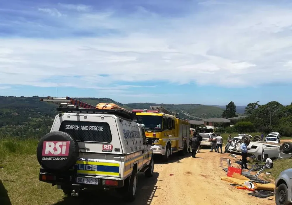Police vans and a fire truck.