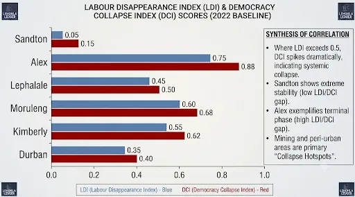 Labour Dissolution (LDI) vs Democracy Collapse (DCI): Inter Regional Correlation (2022 Baseline). The Lehohla Ledger contends that South Africa's democratic challenges are rooted in deepening economic exclusion, with stark contrasts emerging between regions such as Sandton and Alexandra.