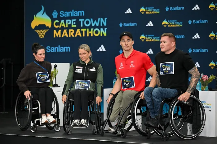 Wheelchair athletes Eden Dawes of Australia, Manuela Schär of Switzerland, Jetze Plat of the Netherlands and David Weir of Great Britain pictured during the Sanlam Cape Town Marathon elite athlete media briefing in Cape Town ahead of Sunday’s race.