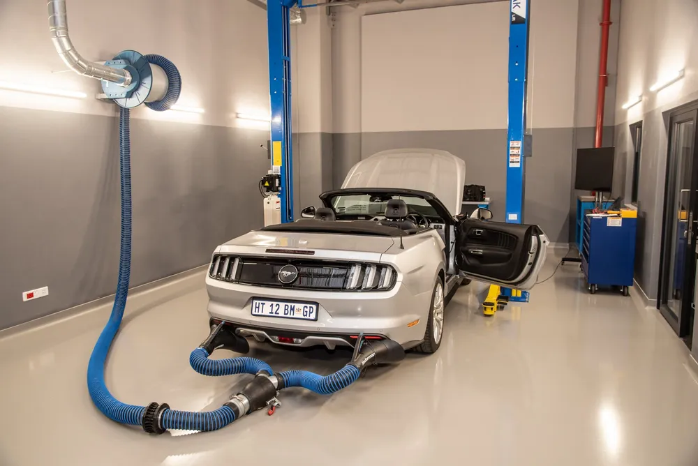 Ford Mustang in for exhaust gas analysis.