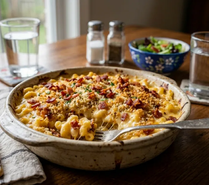 Mix breadcrumbs with a bit of butter and grated cheese, scatter it over your mac and cheese, and pop it in the oven until crispy.