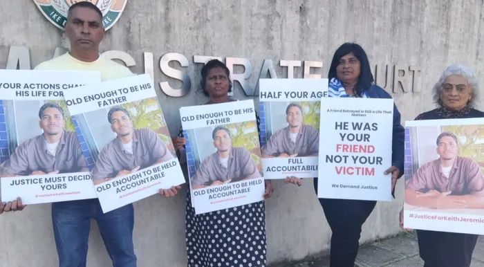 Keith Govender’s father, Ashlen Govender, his aunts, Lilly Govender and Maliga Moonsamy, and his neighbour, Queenie Pillay, were part of a placard demonstration calling for justice for Govender.