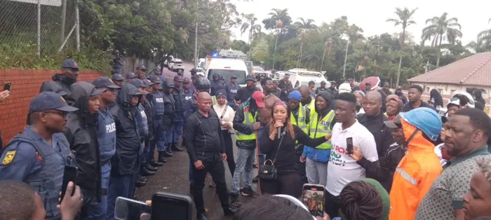 March and March Movement leader Jacinta Ngobese-Zuma addresses supporters and members outside the Berea SAPS in Durban on Tuesday. 