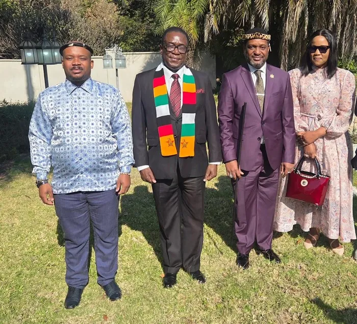 Arnold Ndamase (the King's Private Secretary), Zimbabwean President Emmerson Mnangagwa, King Misuzulu and his queen Nomzamo Myeni after a recent meeting.