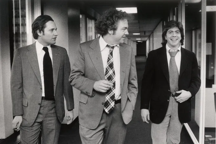 From left, journalists Bob Woodward, Scott Armstrong and Carl Bernstein at The Washington Post in 1974.