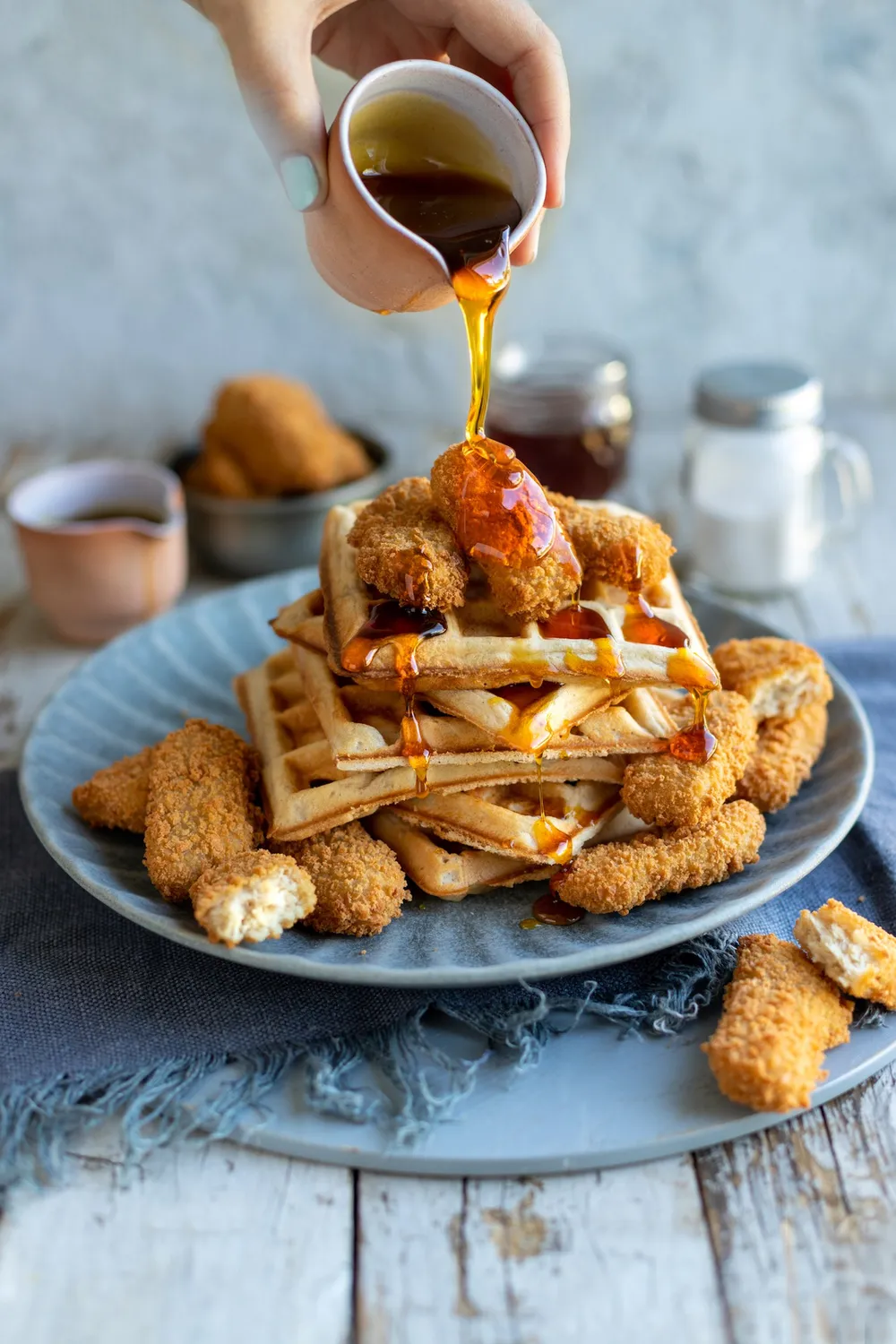 Frys chicken-style nuggets with waffles.