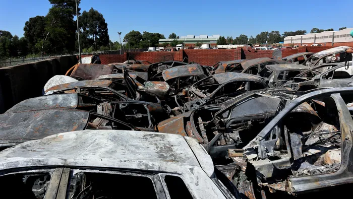 A section of the SAPS yard in Aeroton where vehicles involved in crimes were stored for compaction was allegedly torched on Saturday night and around 46 vehicles were destroyed. Picture: Timothy Bernard/African News Agency (ANA)