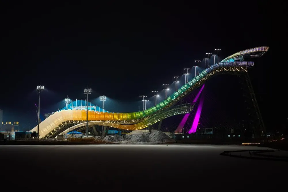 A light show in Big Air Shougang, the venue for Beijing 2022 Winter Olympic Games in Beijing.
