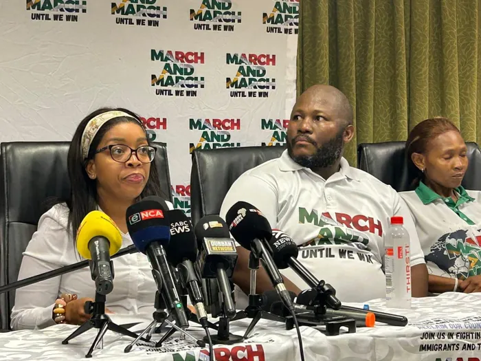 As South Africa commemorates 30 years of democracy, the March and March movement challenges the nation to confront its ongoing inequalities. In Picture: March and March leader Jacinta Ngobese-Zuma and March and March leaders at the media briefing in Umhlanga on Monday evening.