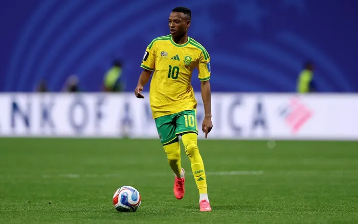 South Africa's #10, Relebohile Mofokeng, runs with the ball during the FIFA World Cup 2026 Group A match between Czechia and South Africa at Atlanta Stadium on June 18, 2026 in Atlanta, Georgia. 