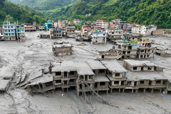 A view of an area affected by flash floods in Nuwakot district, Nepal.