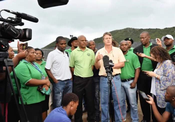 22/02/2015 Vantage Goldfields Lily Mine Operations Manager Mike Begg and AMCU President Joseph Mathunjwa to accompanied by AMCU members update the media on the rescue situation of the three trapped mine workers. Picture: Phill Magakoe
