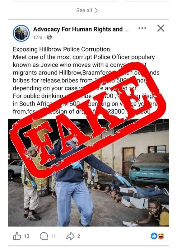 Gauteng police warning, Johannesburg police spokesperson Brenda Muridili, Hillbrow police operation photo, Braamfontein SAPS patrol, social media fake news South Africa, recycled police image controversy, SAPS anti corruption hotline, Johannesburg crime news 2026, Joburg ETC