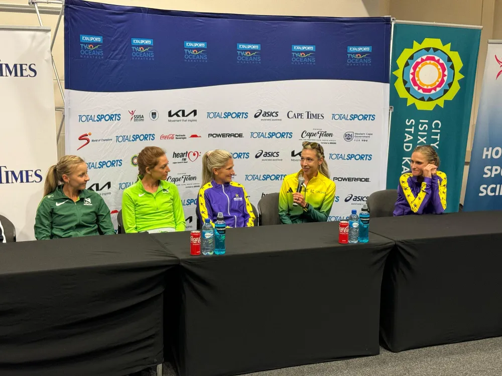 Two Oceans women’s champion Gerda Steyn speaks during a media event ahead of the race in Cape Town