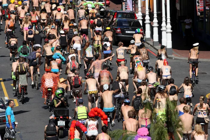 People cycle as part of the ‘World Naked Bike Ride’ through the streets of Cape Town on Saturday, 9 March 2013. Picture: Nardus Engelbrecht/SAPA