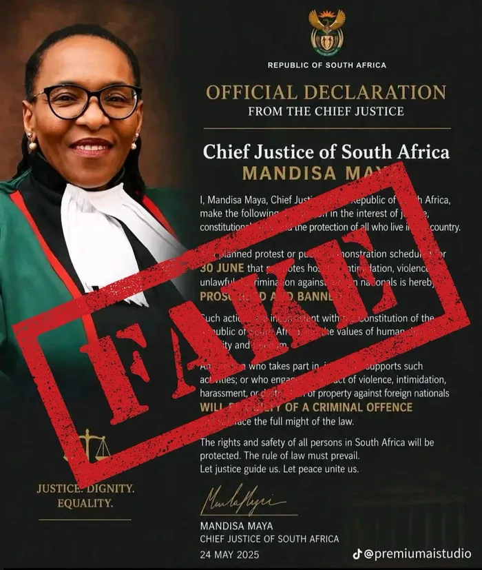 The Office of the Chief Justice has warned the public about a fake declaration circulating online and falsely attributed to Chief Justice Mandisa Maya.