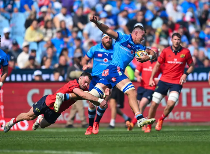 The Bulls' Elrigh Louw goes in the charge in the United Rugby Championship quarter-final against Munster.