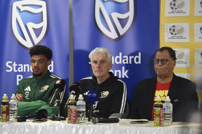 South African Football Association president Danny Jordaan, sitting with Broos and captain Ronwen Williams, expressed gratitude to the team for reigniting pride in the national squad during their World Cup run.