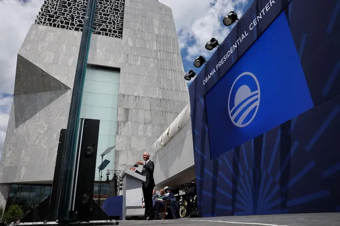 Former US President Barack Obama speaks during the dedication ceremony for the opening of the Barack Obama Presidential Center in John Lewis Plaza on June 18, 2026, in Chicago, Illinois. 